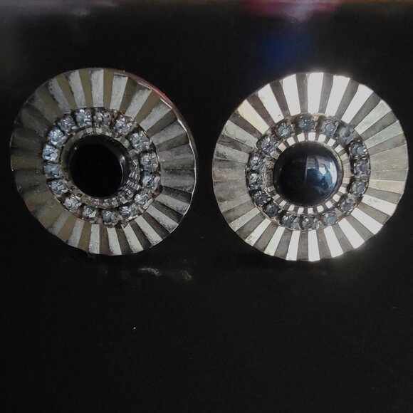 Vintage Men’s Sterling Silver and Black Onyx Round Cuff Links-1970s - Picture 1 of 2